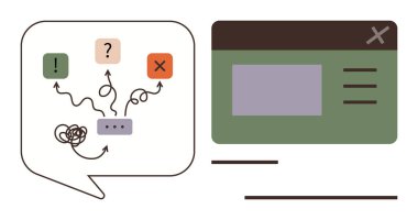 Konuşma balonu karar seçeneklerini, simgeleri, X, birbirine dolanmış çizgileri, okları ve UI penceresini gösterir. İletişim için ideal, problem çözen yapay zeka tasarımı beyin fırtınası seçenekleri basit çalışır