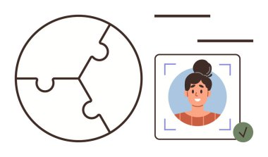 Doğrulanmış rozetle birlikte dijital profilin yanı sıra birlik ve bağlantıyı temsil eden çember bulmaca. Takım çalışması, kimlik tespiti, dijital güvenlik, küreselleşme, ağ oluşturma, çevrimiçi işbirliği için ideal