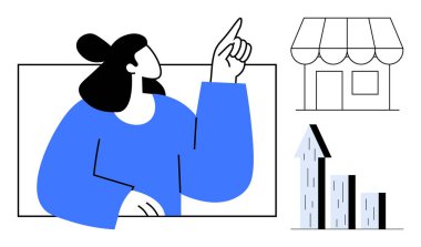 Kadın, vitrin ve bar tablosunun yanında iyimser bir şekilde el kol hareketi yapıyor. Girişimcilik için ideal, küçük işletme, büyüme, perakende stratejisi, hedef belirleme, pazarlama, basit iniş sayfası