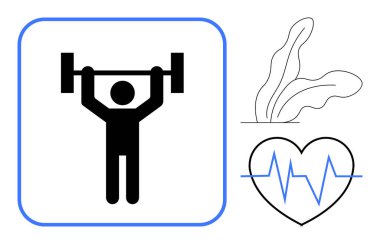 Ağırlık kaldıran biri, EKG çizgisi olan bir kalp ve egzersiz, sağlık ve besin değeri olan bir bitki. Zindelik, sağlık, sağlık takibi, egzersiz rutinleri, tıbbi bakım için ideal