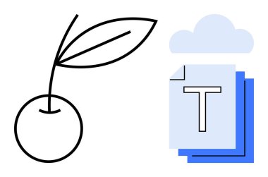 Yapraklı kiraz, istiflenmiş belgeler, T-harfi ikonu ve bulut arkaplanı. Veri depolama, yaratıcılık, asgari tasarım, dokümantasyon, bulut hesaplama basit iniş sayfası için ideal