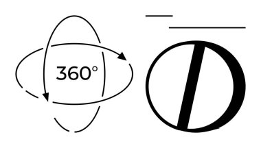 Yuvarlak oklar dengeli minimalist sembollerin yanında 360 derecelik dönüş oluşturuyor. Perspektif, yenilik, teknoloji, hareket, tasarım, denge, esneklik için ideal düz metafor