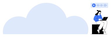 Kadın dizüstü bilgisayarda yazı yazan bir blokta oturuyor, arka planda büyük bulut şekli, üstte ses oynatma simgesi var. Teknoloji, uzaktan çalışma, bulut depolama, ses akışı, dijital ortam, veri için ideal