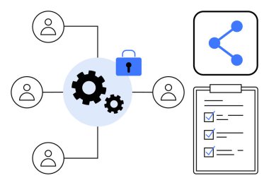 Bağlı kullanıcı simgeleri surround dişliler, güvenli bir kilit, bir paylaşım simgesi ve bir kontrol listesi. Takım çalışması, proje yönetimi, veri güvenliği, işbirliği, görev yürütme yazılımı araçları ve basit bir