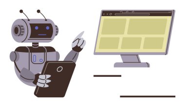 Robot, web sitesi düzenini gösteren ekranda tablet noktaları tutuyor. Yapay zeka, teknoloji, otomasyon, robotik, programlama, dijital iletişim, insan-makine etkileşimi için idealdir. Basit düz metafor