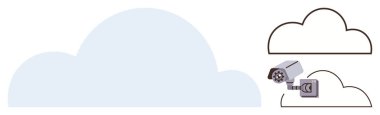 Gözetleme kamerası soyut bulut şekillerinin yanında bir depolama simgesine bağlı. Güvenlik için ideal, bulut hesaplama, veri izleme, teknoloji, izleme, mahremiyet, internet. Basit düz metafor