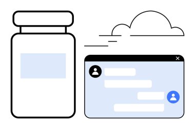 Kullanıcı profilleri ve diyalog baloncukları olan bir sohbet penceresinin yanındaki ilaç şişesi bulut grafiği çerçeveli. Sağlık, teletıp, iletişim, teknoloji, sanal yardım, eczane için ideal