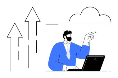 Masasında yukarı bakan dizüstü bilgisayarlı, ok ve bulutun yanındaki kravatlı adam. Liderlik, büyüme, üretkenlik, planlama, yenilik, iş stratejisi ve başarı için ideal. Basit düz metafor