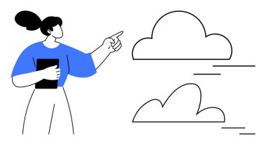 Tableti tutan, hız çizgileri olan iki buluta doğru hareket eden bir kadın. Yenilik, teknoloji, yaratıcılık, planlama, liderlik, bulut hesaplama beyin fırtınası için idealdir. Modern basit düz metafor