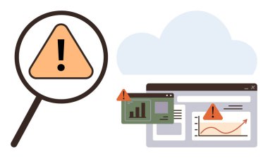 Büyüteç, analitik gösterge panelinde bulut arkaplanı ile uyarı işareti oluşturuyor. Siber güvenlik, veri riski, çevrimiçi güvenlik, hata tespit, bilişim yönetimi, bulut hesaplama, basit düz