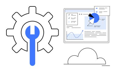 Vites anahtarı, bulut, grafikler, grafikler ve arayüz elemanları olan veri göstergesi. Teknoloji, analitik, bulut hesaplama, geliştirme yapılandırma veri yönetimi için ideal basit iniş sayfası