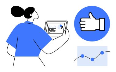 Tablet verilerini çizelgelerle inceleyen kadın, baş parmak ikonu ve çizgi grafiği eşliğinde. Analiz, performans, karar verme, geri bildirim, başarı, büyüme, basit iniş sayfası için ideal