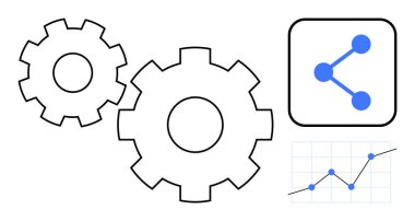 Veri grafiğinin yanında işbirliği ve işlev için dişliler ve düğümler. Teknoloji, takım çalışması, yenilik, analiz, süreç optimizasyonu, iş ve basit iniş sayfası için ideal