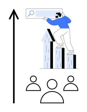 Çubuk grafiği ölçeklendiren, arama çubuğunu tutan, yukarı doğru ok ve kullanıcı simgeleriyle çevrili bir adam. İş büyümesi, analitik, çevrimiçi arama, veri optimizasyonu, liderlik, takım çalışması ve dijital için ideal