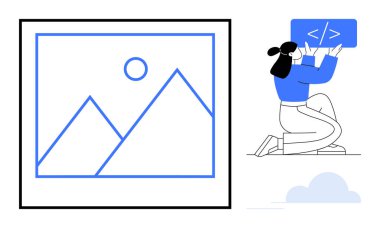 Kadın diz çöküyor, kodlama arayüzü ile etkileşimde. Güneş ile betimlenmiş dağ görüntüsü. Geliştirme, yaratıcılık, tasarım, programlama, yazılım, teknoloji eğitimi için ideal basit iniş sayfası