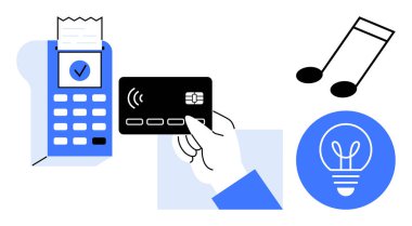 Fişi olan kart okuyucu ve kullanımda olan temassız ödeme kartı, nota ve ampul ikonu. Ödeme sistemi için ideal, yaratıcılık, müzik, enerji, yenilik, fintech basit iniş sayfası