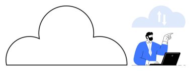 Bulut grafiğine doğru hareket eden dizüstü bilgisayarlı adam senkronizasyon veya veri transferini gösteriyor. Teknoloji, bulut hesaplama, takım çalışması, depolama, veri paylaşımı, bilişim çözümleri, dijital