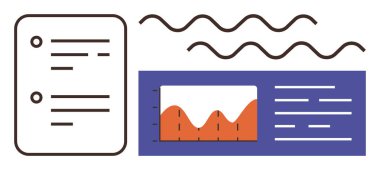 Değişen turuncu grafikler, metin blokları ve dekoratif dalga çizgileri olan çizelgeler. Veri analizi, iş raporları, sunumlar, bilgi paylaşımı, pazarlama materyali, araştırma ve görsel için ideal