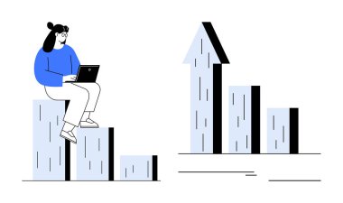 Dizüstü bilgisayarı olan kadın, bar grafiğinde ilerleyişi analiz ediyor. Ok şeklinde büyüme grafiği başarıyı simgeler. İş analizi, büyüme stratejisi, veri araştırması, eğitim, sunum için ideal