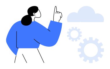 Kadın, arka planda vitesleri olan dijital bir bulutu işaret ediyor. Teknoloji, yenilik, bulut hesaplama, işbirliği, problem çözme, üretkenlik ve strateji için idealdir. Basit düz