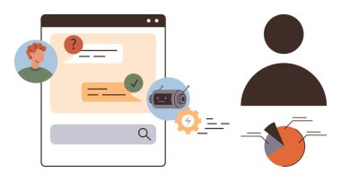 Kullanıcı profili ile sohbet arayüzü, otomatik yanıt, pasta grafiği analizi ve sohbet robotu dişli sembolü. Teknoloji, iletişim, yapay zeka, sohbet robotu kullanımı, veri analizi kullanıcı içgörüsü için ideal