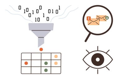 Sonuçlara ikili veri işleme hunisi, uyarı algılama, ızgara analizi ve görsel izleme için e-postaları büyütme. Veri yönetimi, e-posta güvenliği, analitik, siber güvenlik için ideal