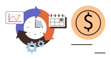 Oklu saat, takvim, vites, grafik ve dolar çemberi üretkenliği, planlamayı ve bütçeyi vurguluyor. Finans ve proje yönetimi verimliliği için ideal ekonomi hedefi