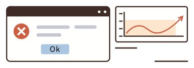 Hata simgesi ve OK tuşlu tarayıcı uyarısı yükselen eğilimi gösteren bir grafiğin yanında. Veri analizi, problem çözme, performans izleme, sorun çözme, teknoloji, kurtarma için ideal
