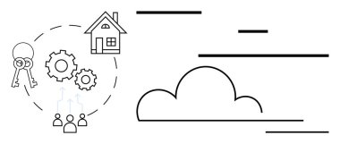 Ev, anahtarlar, teçhizat, bulut grafikli insanlar. Gayrimenkul, takım çalışması, bulut teknolojisi, yenilik, uzaktan çalışma dijital dönüşüm için ideal basit iniş sayfası