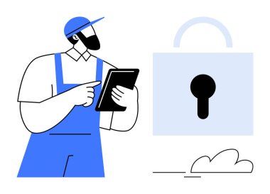 Mavi tulumlu işçi büyük bir asma kilidin yanında bir tablet tutuyor. Güvenlik, teknoloji, veri yönetimi, erişim kontrolü, dijital güvenlik, gizlilik, bulut koruması için ideal. Basit düz metafor