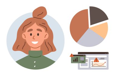 Gülümseyen kadın portresi pasta grafiği, veri grafikleri ve ön panelde uyarı sembolleri. Analiz, iş stratejisi, pazarlama anlayışları, eğitim, takım çalışması, veri analizi için ideal basit düz