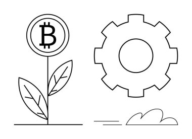Bitcoin sembolü, şifreleme yeniliği, büyüme, sürdürülebilirlik ve ilerlemeyi sembolize eden bir bitkidir. Finans, teknoloji, iş, yatırım yeniliği için ideal