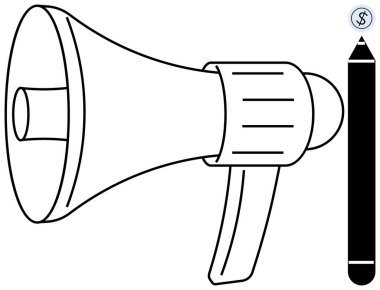 Kalemin yanında megafon sesi yükseltme, fikir paylaşımı, yaratıcılık ve hikaye anlatımını sembolize eder. Promosyon, reklam, iletişim stratejisi, pazarlama, halkla ilişkiler eğitimi için ideal