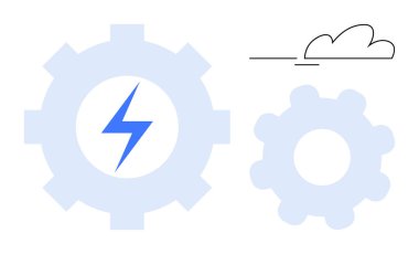 Yanında bir bulut bulunan büyük ve küçük vitesli yıldırım sembolleri. Enerji, teknoloji, yenilik, takım çalışması, süreç optimizasyonu, dijital dönüşüm için ideal, basit düz metafor