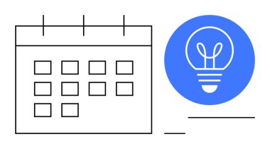 Yenilikçi düşünme ve planlamayı sembolize eden mavi ampul simgesinin yanındaki ızgara biçimindeki takvim. Üretkenlik, zaman yönetimi, beyin fırtınası, yaratıcılık, iş stratejisi, programlama için ideal