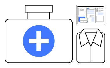 Mavi haçlı tıbbi çanta, katlanmış gömlek ikonu ve organizasyon ve iletişimi temsil eden web arayüzü. Sağlık, iş, planlama, verimlilik, dijital araçlar, formalite için ideal