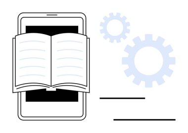 Tablet ekranı kaplayan açık bir kitap, dijital öğrenmeyi sembolize ediyor. Arka plandaki hafif dişliler süreci, mekanizmayı ya da yeniliği öneriyor. Eğitim, e-öğrenim ve bilgi için ideal