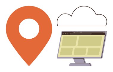 Büyük turuncu konum işareti, bulut çizgisi, web sayfası yerleşimli masaüstü monitörü. Teknoloji, navigasyon, bulut depolama, internet taraması, dijital çözümler, İnternet geliştirme için ideal