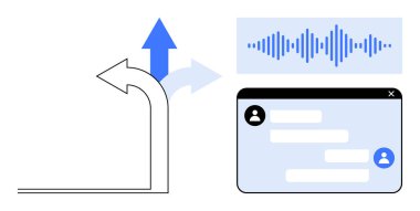 Eğri ok çalışma akışı, yukarı doğru mavi ok, kullanıcı simgeleriyle sohbet arayüzü, dalga biçimi ses sinyali. İletişim için ideal, Al, müşteri desteği, analitik, otomasyon teknolojisi basit iniş sayfası