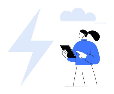 Yıldırımlı tablet tutan kişi ve bulut görselleri yenilik ve teknolojiyi sembolize ediyor. Enerji, teknik ilerleme, sürdürülebilirlik, bulut hesaplaması, yenilenebilir enerji, istişareler, basit