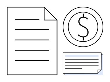 Kağıt belge, dolar işareti olan para ve mali, işlemleri ve belgeleri sembolize eden bir deste kart. Muhasebe, bütçe, ödemeler, anlaşmalar, harcamalar için idealdir.