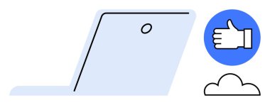 Bir başparmak işareti ve bir bulut sembolü ile birlikte dizüstü bilgisayarı aç. İletişim, takım çalışması, onay, işbirliği, uzak çalışma, bulut teknolojisi, basit iniş sayfası için ideal