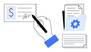 El ele tutuşma kalem kontrolü, klasör, kâğıtlar ve vites simgesi ile gruplandırılmış. Finans, muhasebe, ödeme işlemleri, işletme yönetimi, belgeleme organizasyonel iş akışı için ideal basit bir daire