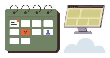 Olay işaretli yeşil takvim, tarayıcı penceresi ve bulut ögesi organize, zamanlama, üretkenlik, uzak çalışma, dijital çözümler, hedef izleme, bulut depolama