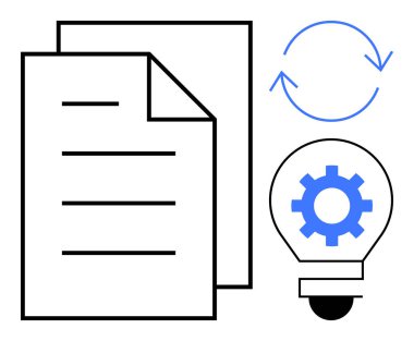 Belge, dairesel oklar ve dişli ampul iş akışı optimizasyonunu ve otomasyonu temsil eder. Yenilik için ideal, verimlilik, süreç, yönetim, teknoloji, yaratıcılık dijital