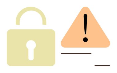 Üçgen uyarı işaretinin yanında asma kilit var. Ünlem işareti, veri güvenliği, risk ya da uyarı işareti. Siber güvenlik, mahremiyet, dikkat, alarmlar, sistem hataları, uyarılar ve güvenlik için ideal