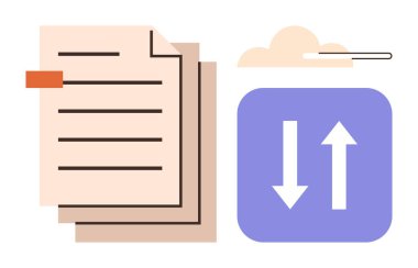Bir buluta yüklemek ve indirmek için bir ok simgesinin yanında yığınla kağıt var. Dosya paylaşımı, veri transferi, belge depolama, dijital iş akışı, bulut hesaplama, üretkenlik, basit düz