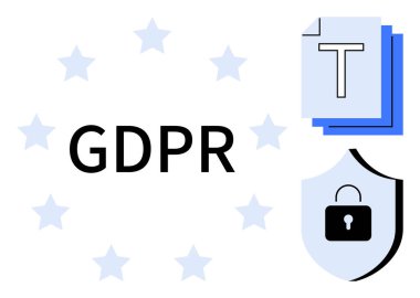 Yıldızlarla çevrili GDPR metni, belge simgesi, kilit simgesi olan kalkan. Veri gizliliği, uyum, siber güvenlik, AB yönetmelikleri, çevrimiçi güvenlik, hukuki koruma için ideal