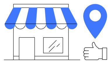 Mavi güneşlikli mağaza önü, lokasyon şifresi, onay simgesi. Ticari markalaşma, e-ticaret, perakende satış, yerel pazarlama, navigasyon, küçük işletme tanıtımı için ideal basit iniş sayfası