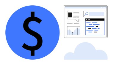 Dolar işareti, çizelge ve metinle internet analiz arayüzü ve finansal araçları sembolize eden bir bulut. İş, finans, ekonomi, analitik, büyüme, teknoloji için idealdir basit iniş sayfası
